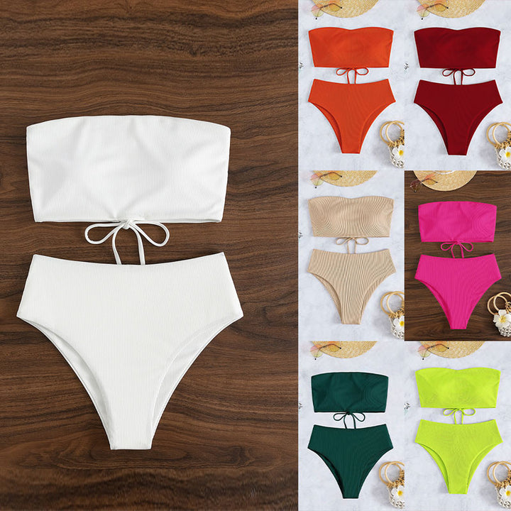Damen Bandeau-Bikini-Set mit hohem Beinausschnitt und Bindedetails Drune