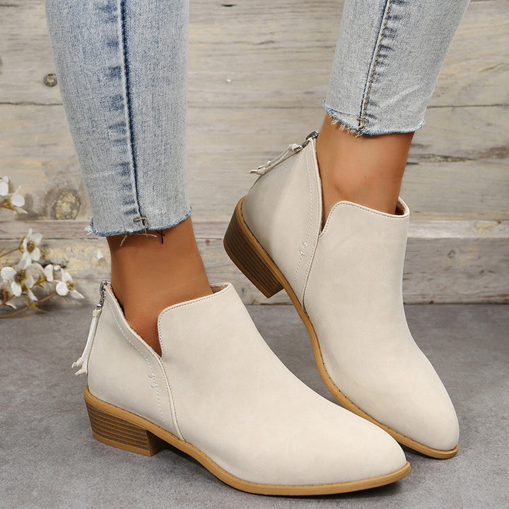 Damen Metallic-Ankleboots mit spitzer Kappe, Rückreißverschluss und niedrigem Blockabsatz Drune