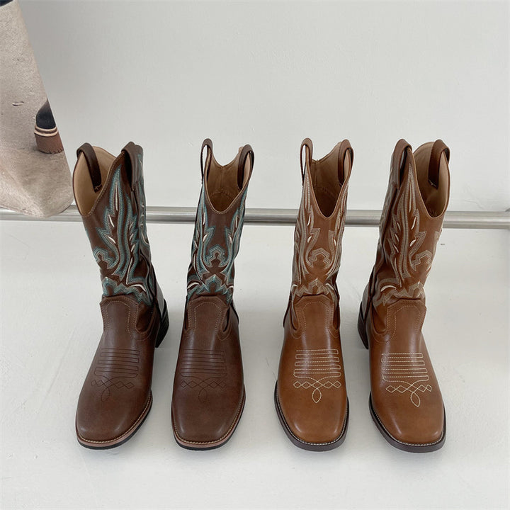 Damen Western-Cowboy-Boots mit aufwendiger Stickerei, mittlerer Schafthöhe und robuster Blockabsatz Drune
