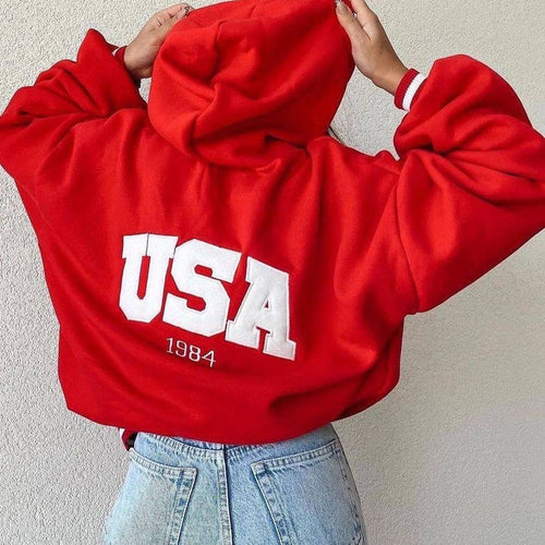 Damen Kurz geschnittener Oversize-Kapuzenpullover mit aufgenähter College-Applikation und gerippten Bündchen Drune