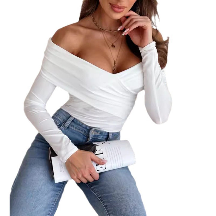 Damen schulterfreies Langarm-Oberteil mit elegantem Raffungseffekt Drune