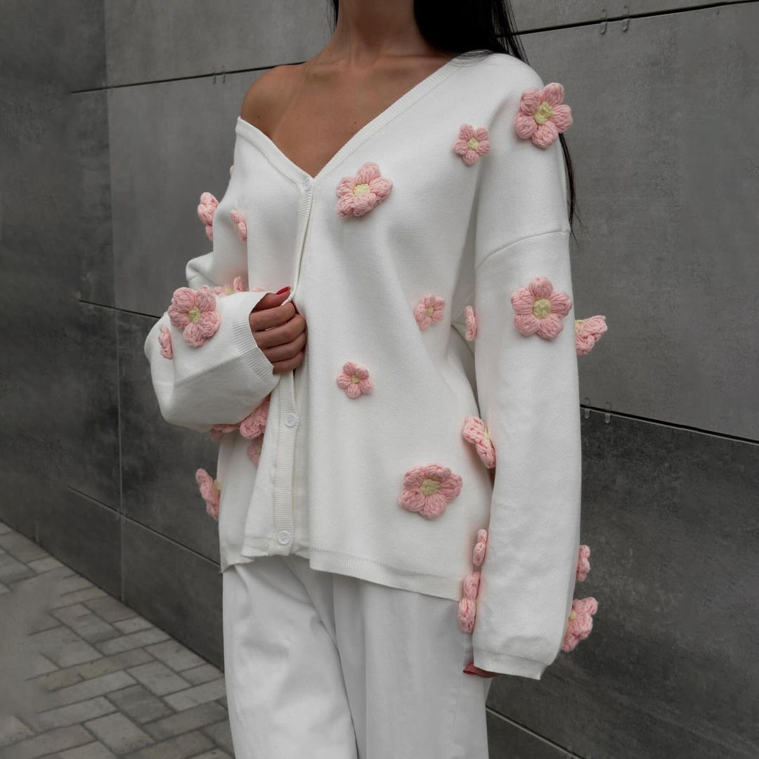 Damen Strickjacke mit floralem 3D-Design und V-Ausschnitt Drune