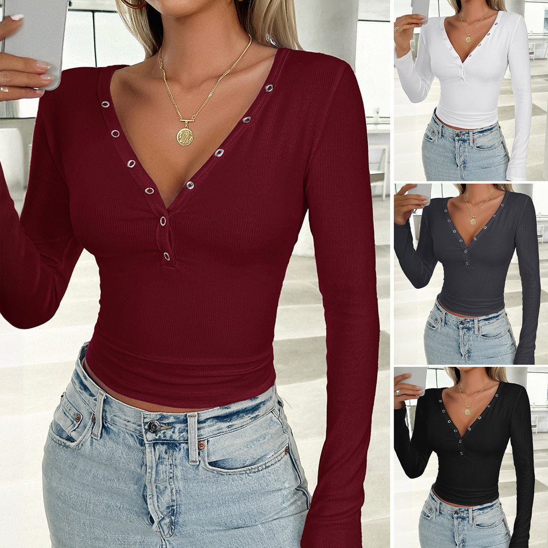Damen nan tailliertes Ripp-Langarmshirt mit dekorativer Knopfleiste und Metallösen Drune