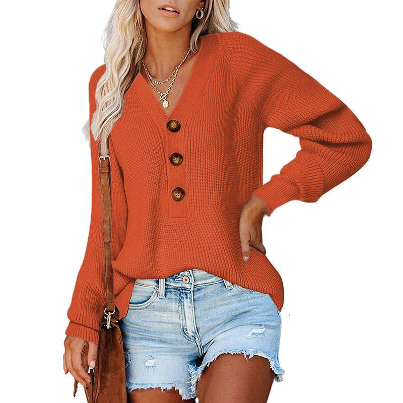Damen Gerippter Strickpullover mit V‑Ausschnitt, Zierknopfleiste und Ballonärmeln Drune
