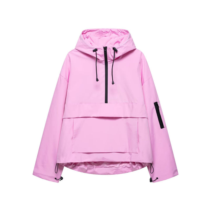 Damen funktionale Windjacke mit verstellbarem Kapuzenkragen und Kängurutasche Drune