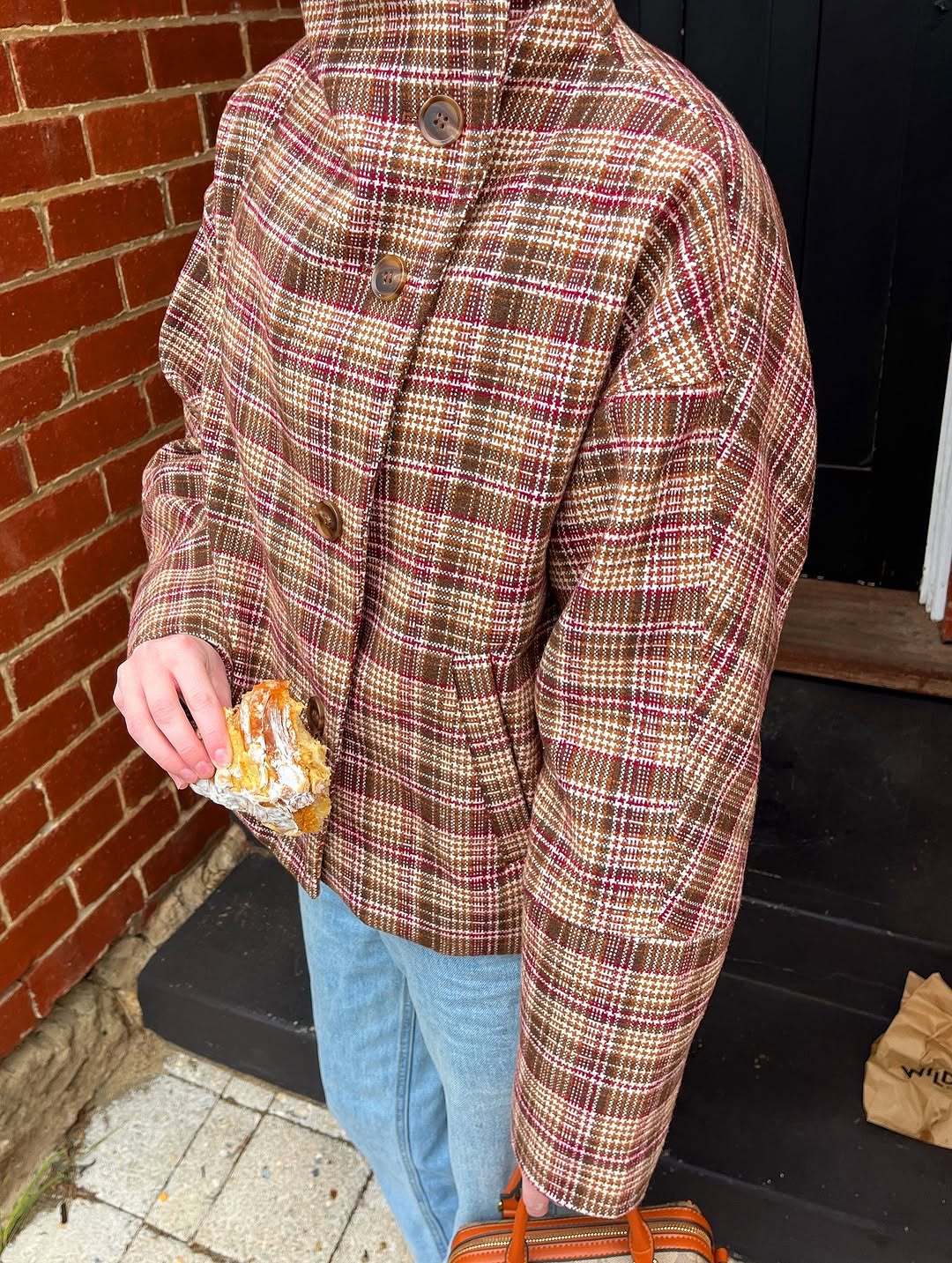 Damen Karierte Oversized-Jacke mit hohem Kragen und einzigartiger Knopfleiste Drune