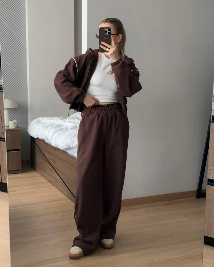 Damen bequemer Fleece-Sportanzug mit hohem Kragen und Reißverschluss Drune