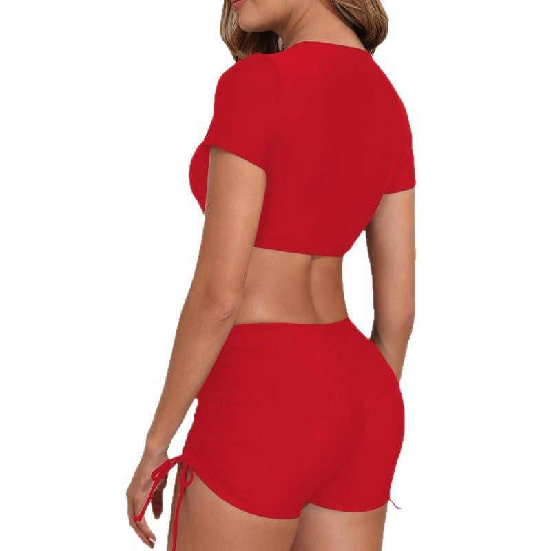Damen Sportliches Crop-Top Badeanzug mit Raffung Drune