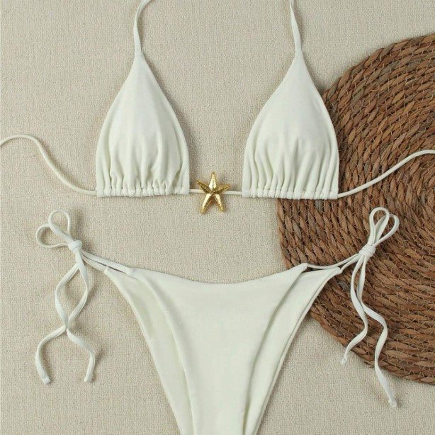 Damen Triangel-Bikini-Set mit verstellbaren Trägern und dekorativem Schmuckelement Drune