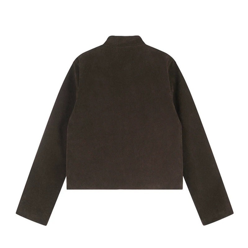 Damen Kurzjacke aus Veloursleder im militärischen Stil mit Stehkragen und Zierriegeln Drune
