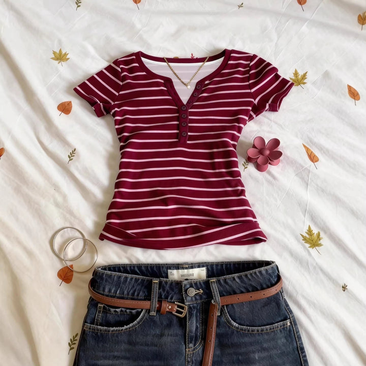Damen Kurzarmshirt mit Knopfleiste Drune
