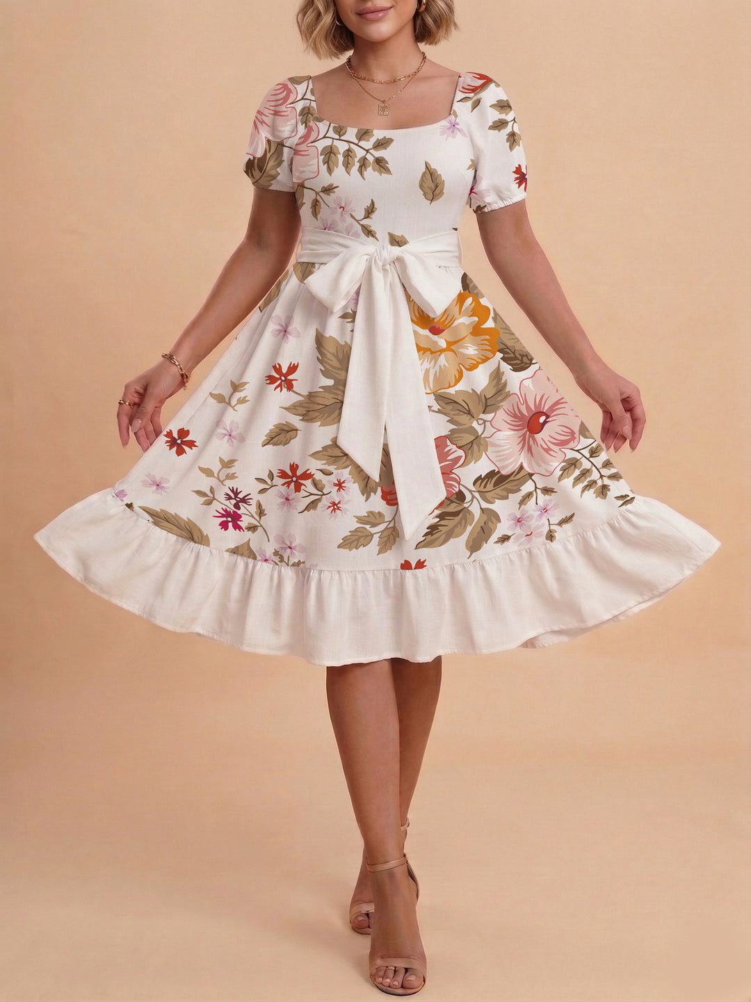 Damen Sommerliches Blumenkleid mit taillierbarem Gürtel und voluminösen Ärmeln Drune