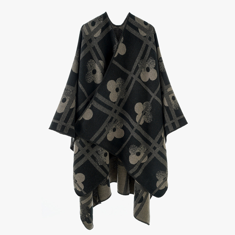 Damen Reversibler Jacquard-Poncho aus Wollmix mit floralem Karo‑Motiv und Zierkettelnaht Drune