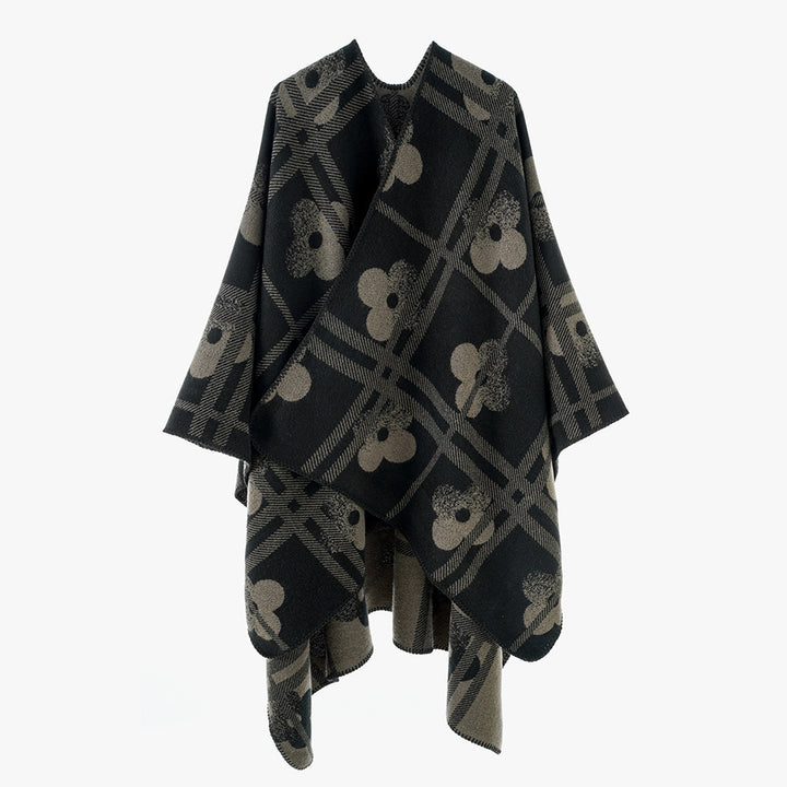 Damen Reversibler Jacquard-Poncho aus Wollmix mit floralem Karo‑Motiv und Zierkettelnaht Drune