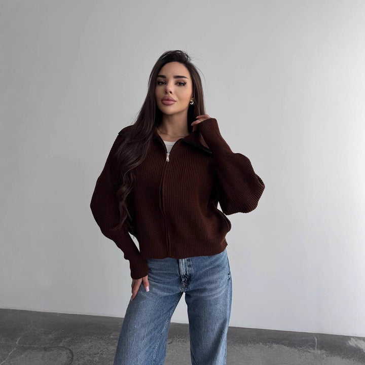 Damen Grobstrick-Zipper-Cardigan mit Ballonärmeln und Stehkragen Drune