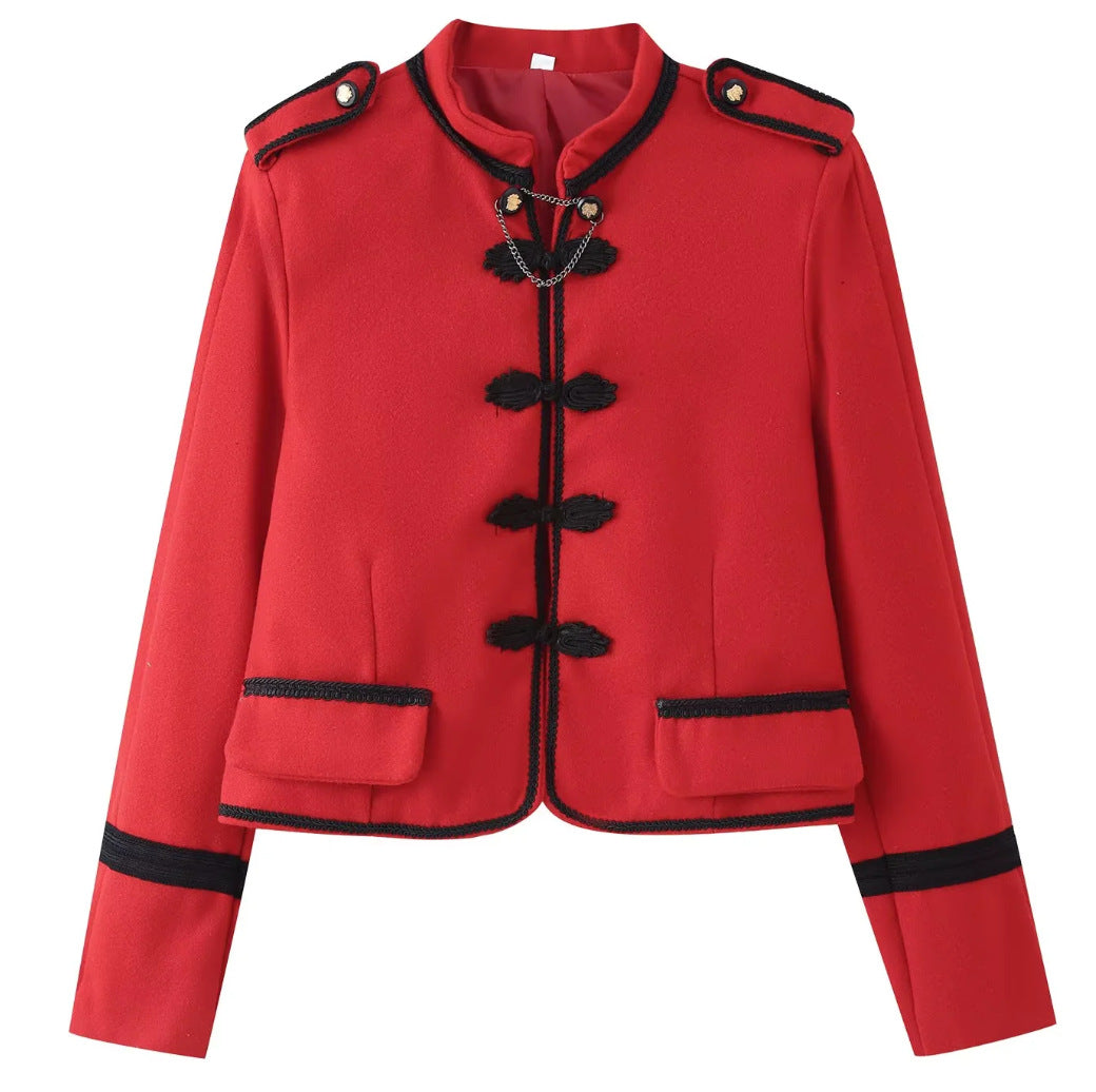 Damen 300+ taillierte Cropped‑Militärblazerjacke mit Stehkragen, Schulterpatten und dekorativen Froschverschlüssen Drune