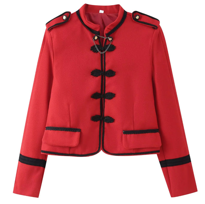 Damen 300+ taillierte Cropped‑Militärblazerjacke mit Stehkragen, Schulterpatten und dekorativen Froschverschlüssen Drune