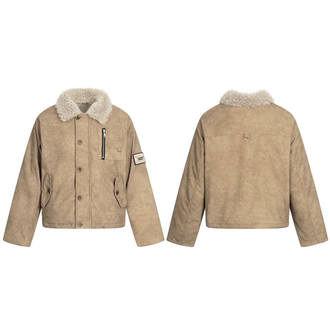 Herren Kurzblouson im Retro‑Military‑Look mit Teddyfellkragen und funktionalen Brusttaschen Drune