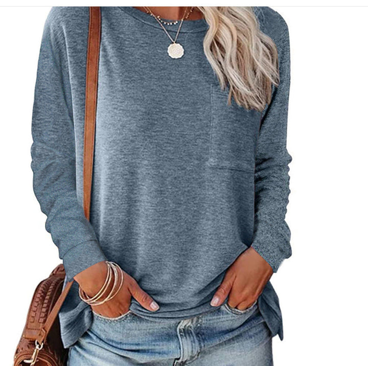 Damen lässiges Langarmshirt mit Taschen und Rundhalsausschnitt Drune
