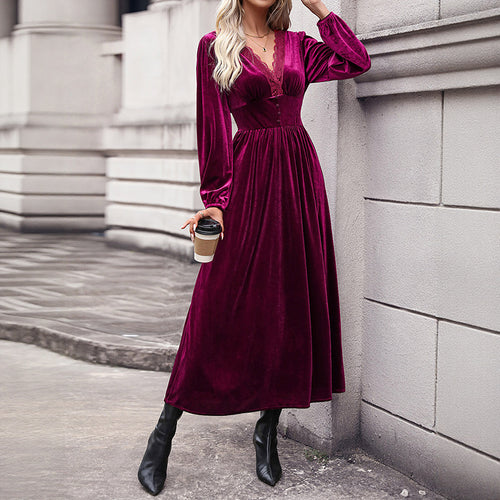 Damen Midikleid mit V-Ausschnitt und Rüschen Drune