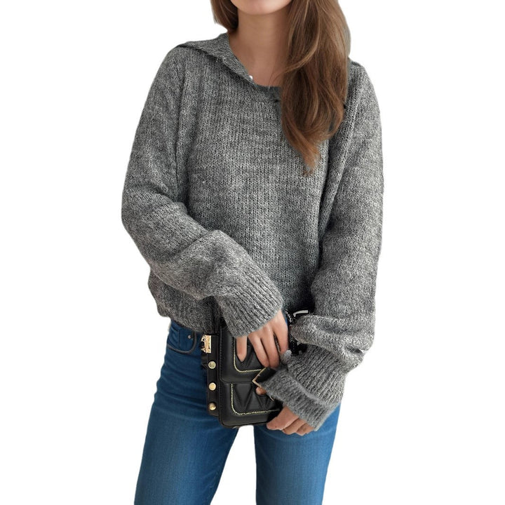 Damen lässiger Strickpullover mit V-Ausschnitt und voluminösen Ärmeln Drune