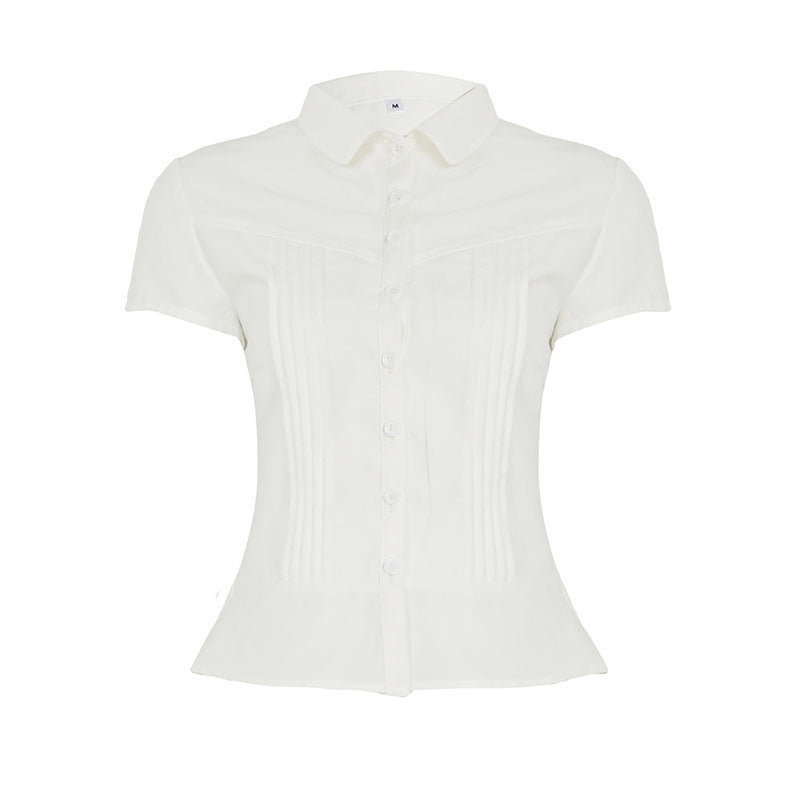 Damen kurzärmliges Hemdblusenshirt mit tailliertem Schnitt und eleganten Raffungen Drune