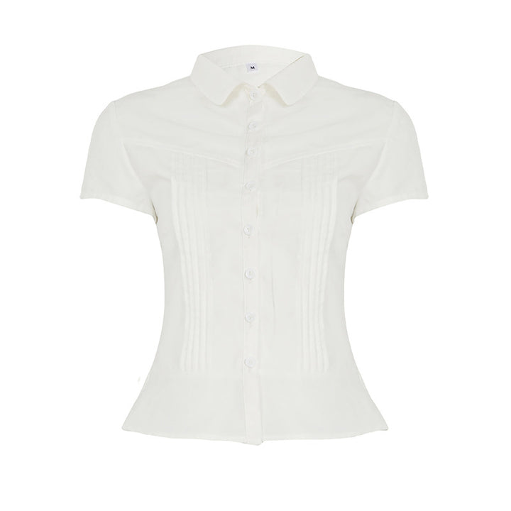 Damen kurzärmliges Hemdblusenshirt mit tailliertem Schnitt und eleganten Raffungen Drune