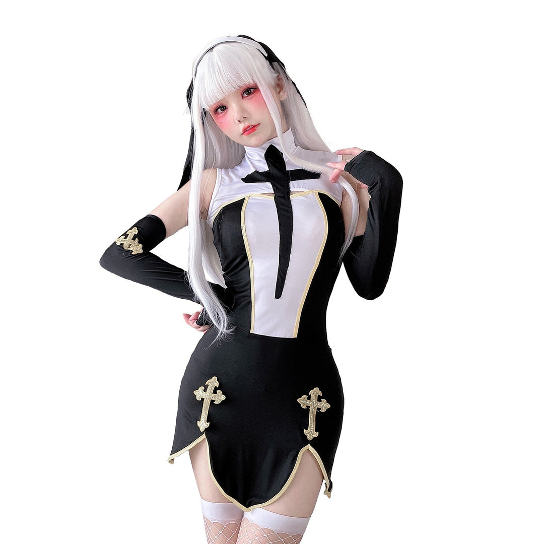 Damen Gothic Minikleid mit Spitzenärmeln und Kreuzdetails Drune