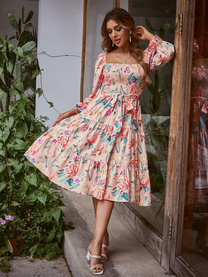 Damen Off-Shoulder Maxikleid mit floralem Print und Rüschendetails Drune