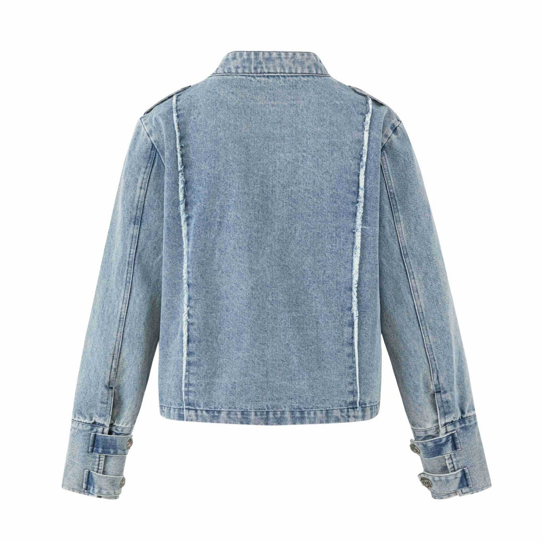 Damen Denim‑Blouson im Military‑Look mit Stehkragen und Zierknopfleiste Drune