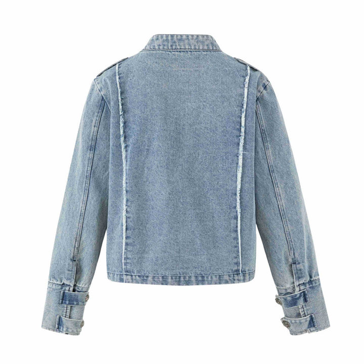 Damen Denim‑Blouson im Military‑Look mit Stehkragen und Zierknopfleiste Drune