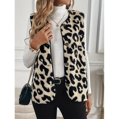 Damen Fellweste mit Leopardenmuster und Knopfverschluss Drune