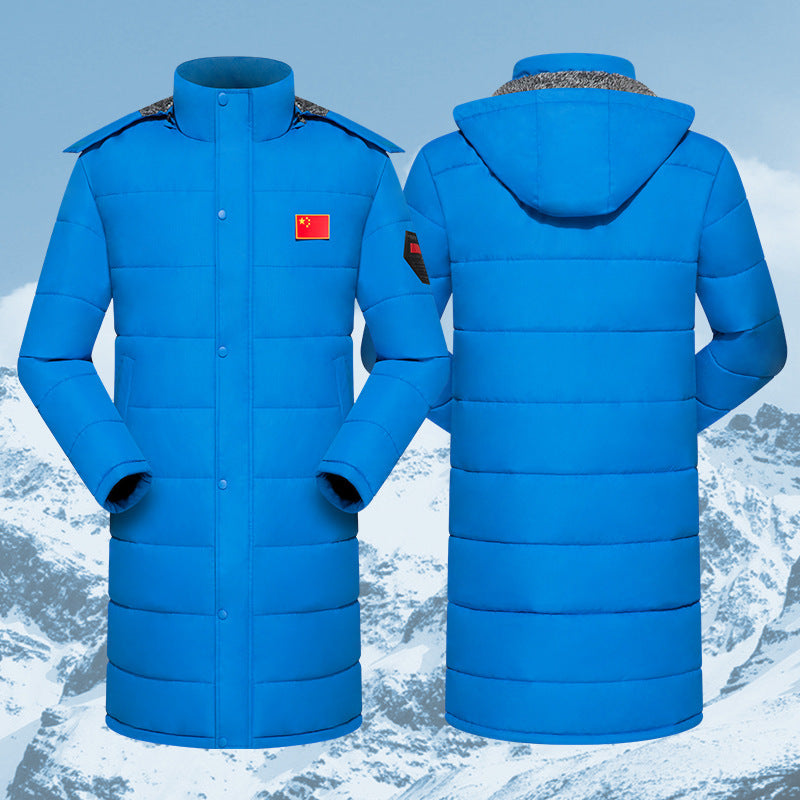 Herren langer gesteppter Thermo-Steppmantel mit Kapuze Schulterklappen und verdeckter Druckknopfleiste Drune