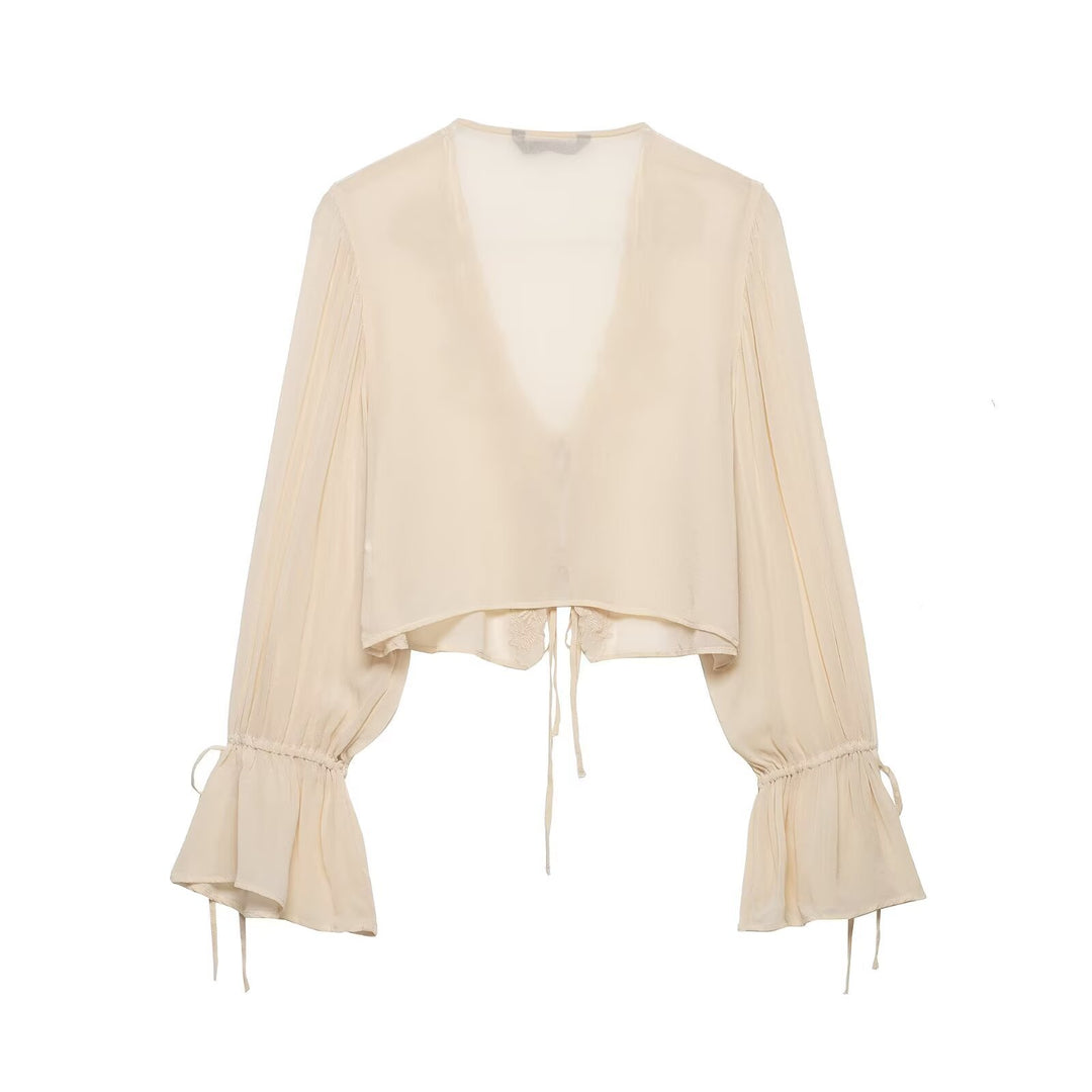 Damen Transparente Chiffon-Bolerobluse mit tiefem V-Ausschnitt, Spitzendetail und Bindebändern Drune