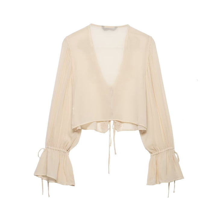 Damen Transparente Chiffon-Bolerobluse mit tiefem V-Ausschnitt, Spitzendetail und Bindebändern Drune