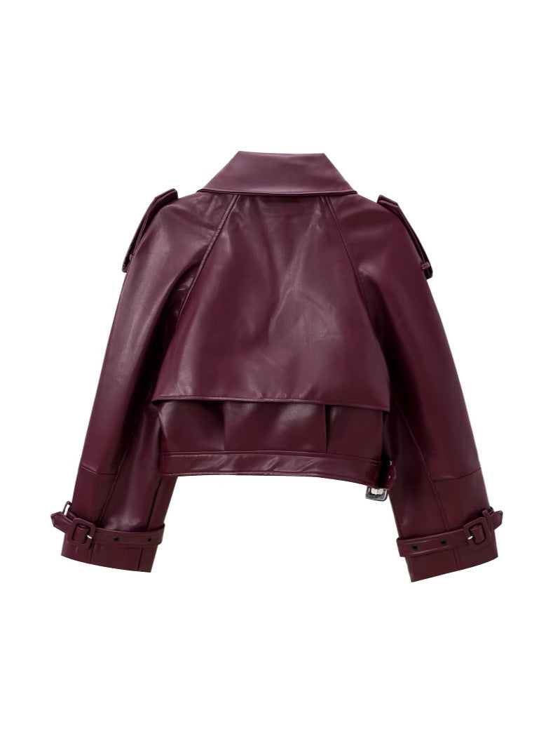 Damen cropped Leder Motorradjacke mit asymmetrischem Revers Drune