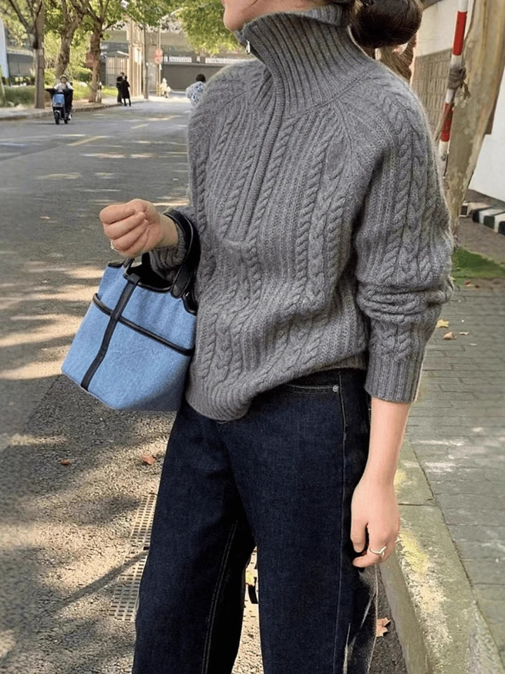 Damen Zopfstrick-Polokragenpullover mit Halbreißverschluss und weichem Mohair-Look Drune