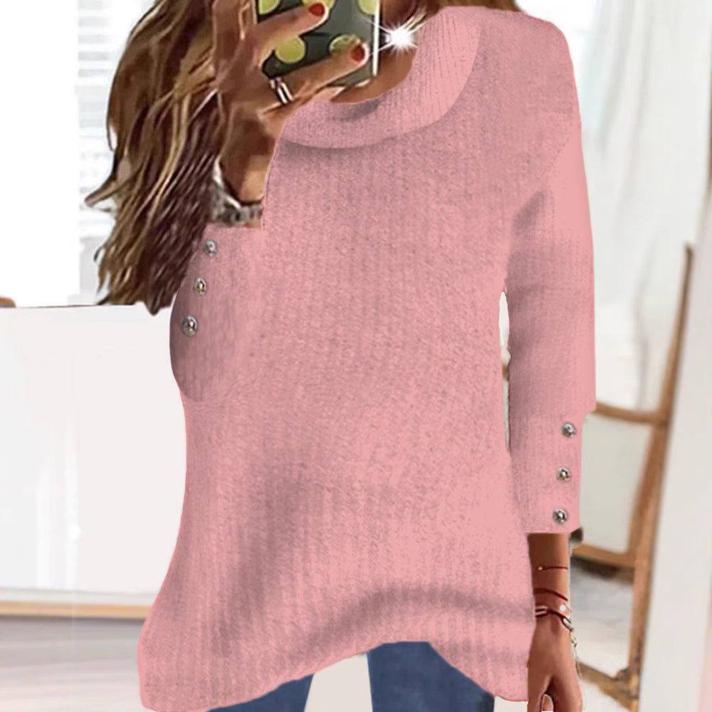 Damen Locker Feinstrickpullover mit Rundhalsausschnitt und dekorativer Knopfblende an den Ärmeln Drune