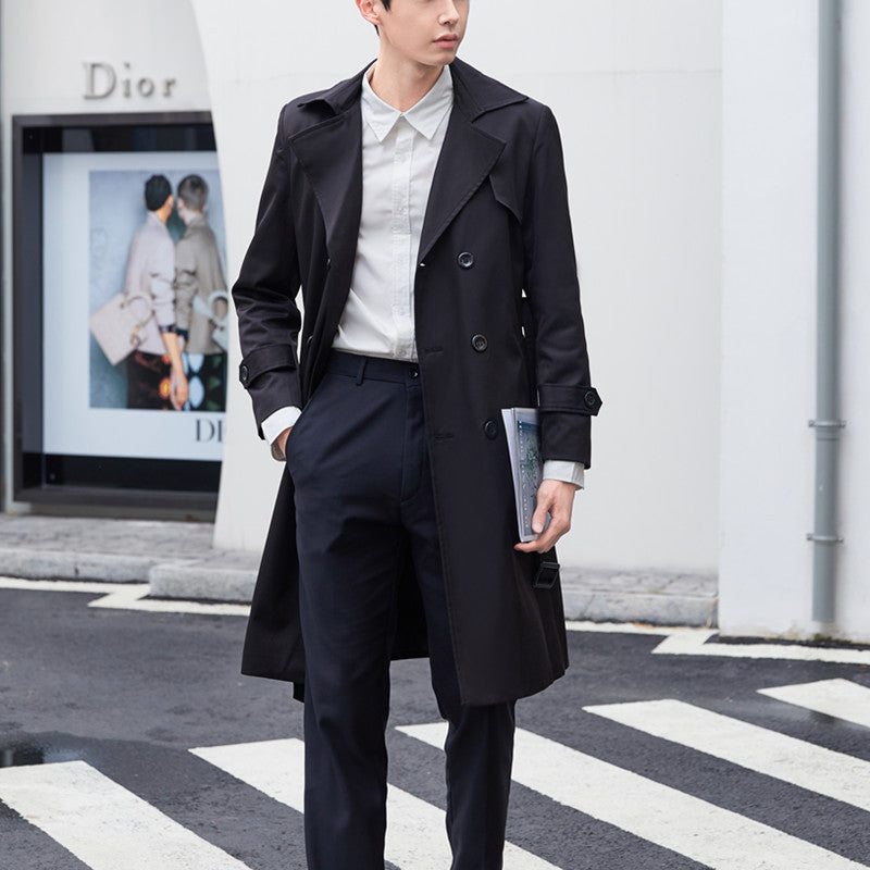 Herren Eleganter taillierter Trenchcoat mit doppelter Knopfleiste und Bindegürtel Drune