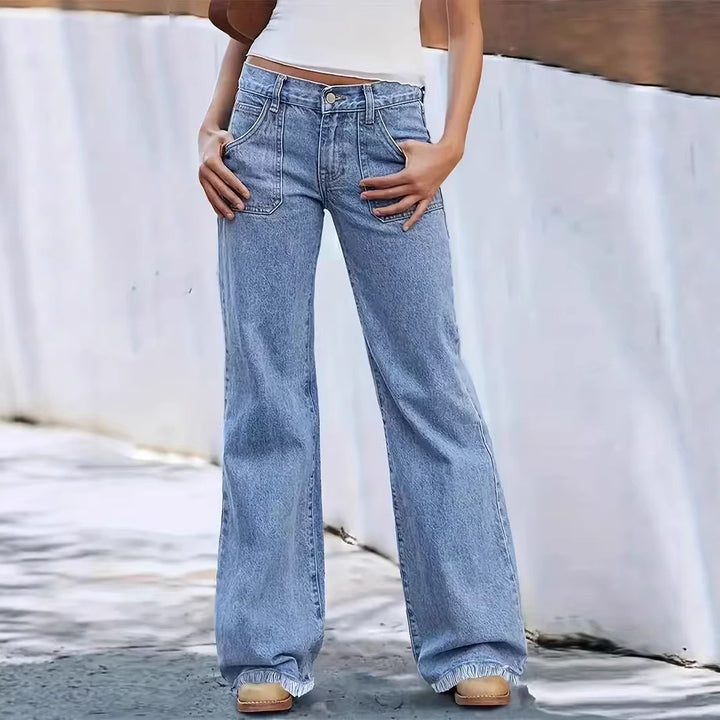 Damen weit geschnittene Jeans mit fransigem Saum Drune