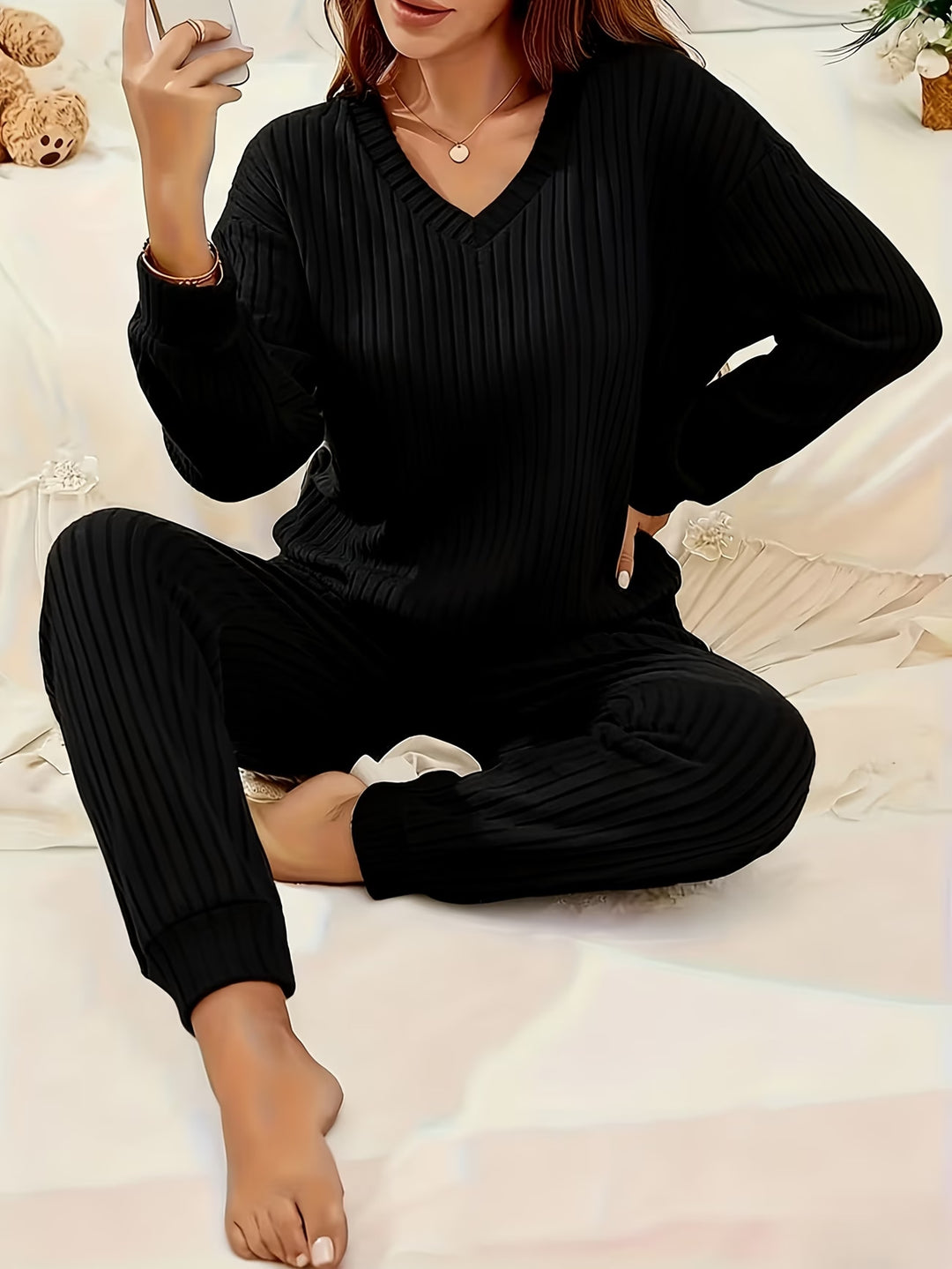 Damen Komfortables Rippstrick-Loungewear-Set mit V-Ausschnitt und Joggerhose Drune