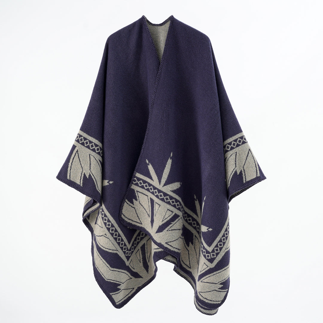 Damen Grobgewebter Umhangponcho aus Wollmix mit V-Ausschnitt und Ornamentjacquard Drune