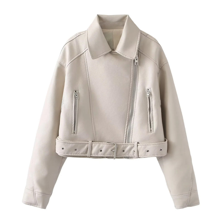 Damen nan kurzer Bikerjacke aus veganem Lederimitat mit asymmetrischem Reißverschluss, Taillengürtel und Schulterklappen Drune