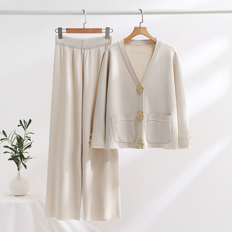 Damen elegantes Strick-Loungewear-Set mit weiten Bein und schönen Knöpfen Drune