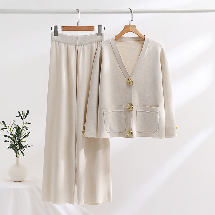 Damen elegantes Strick-Loungewear-Set mit weiten Bein und schönen Knöpfen Drune