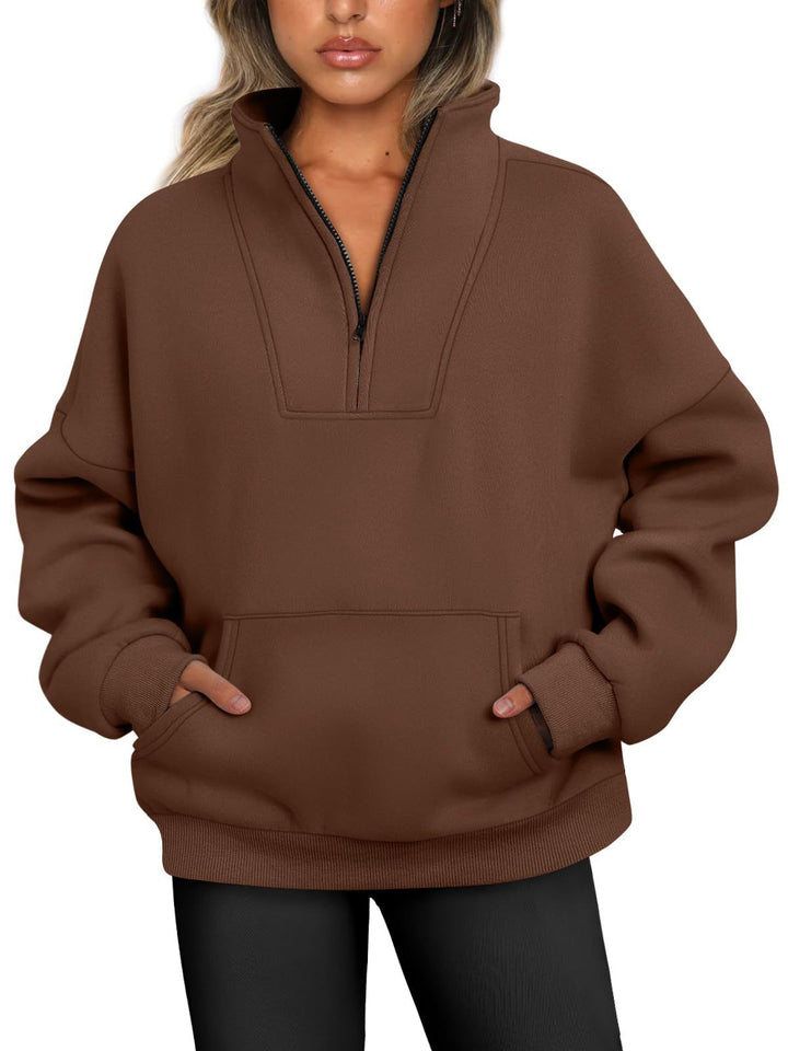 Damen nan oversized Halbzip-Hoodie mit hohem Stehkragen, Kängurutasche und gerippten Bündchen Drune