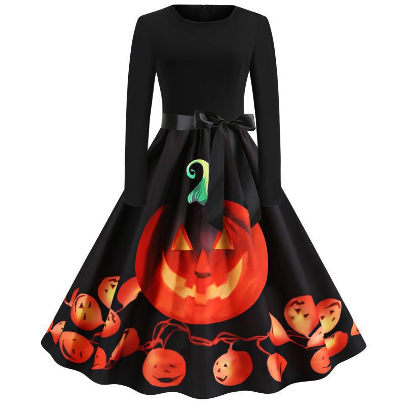 Damen Schwingendes Kleid mit Halloween-Kürbismotiv, Langarm und Taillenschleife Drune