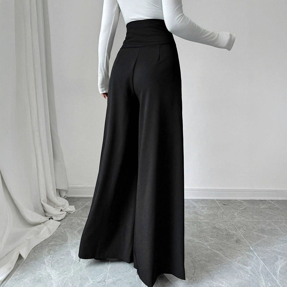 Damen Fließende Palazzo-Hose mit hohem Taillenbund und eleganten Knopfdetails Drune