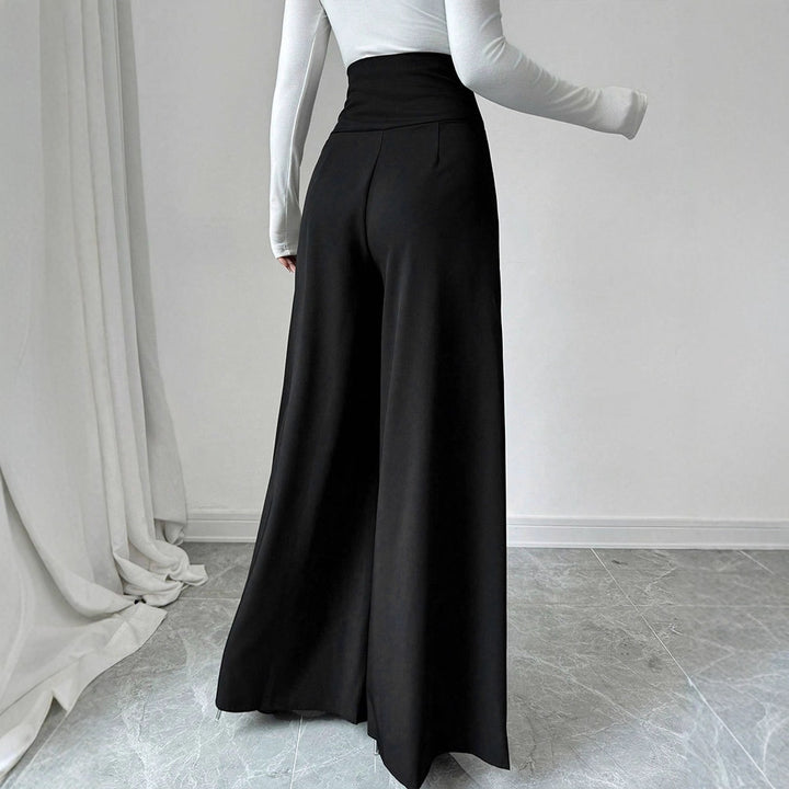 Damen Fließende Palazzo-Hose mit hohem Taillenbund und eleganten Knopfdetails Drune
