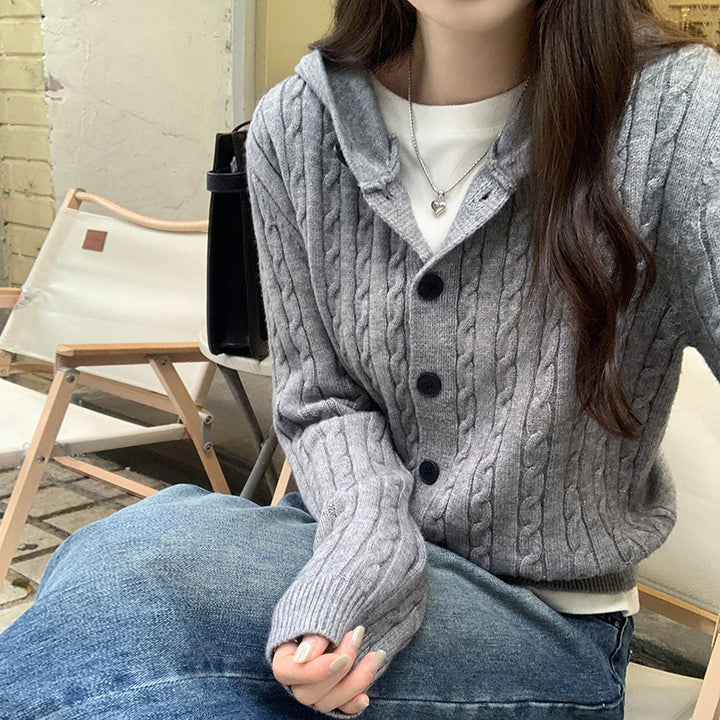 Damen Strickjacke mit Kapuze und Knopf-Detail Drune